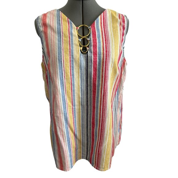 Chloe+Rene Sleeveless Striped V-Neck Top Gold Ring Detail Linen Blend Size L - Picture 1 of 8